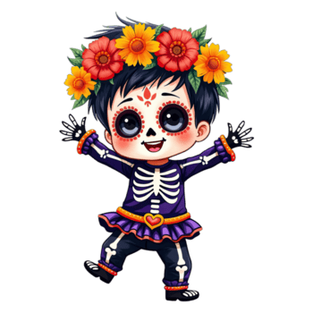 süß Junge im Skelett Kostüm mit Blume Krone und Rock, dia de los Muertos Feier Illustration png