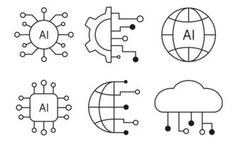 Artificial intelligence icon set in line style. AI technology illustration. Artificial intelligence AI processor chip icon.AI Processor circuit. Ai Logo, Ai Icon. vector