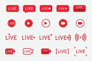 Big set of live streaming icons. Red symbols and buttons for broadcasting, livestream or online stream. vector
