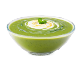 Spring soup pea and mint soup with a swirl of cream served in a transparent png