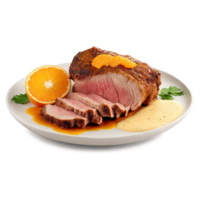Pork shoulder bone in and uncooked with orange juice and mojo sauce splashing in png