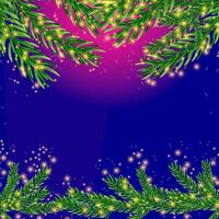 Blue Christmas background with decorated fir tree branches, empty space for greeting text, announcement or invitation vector