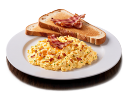 Scrambled Eggs Fluffy scrambled eggs served with crispy bacon and toasted bread against sunny orange png
