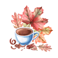 Cup of coffee with chocolate shavings on the background of autumn leaves. Isolated watercolor illustration for seasonal design of coffee shops, menus, advertising signs, sales png