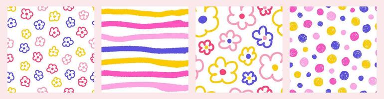 Colorful seamless pattern set of multicolored hand drawn curved checkered lines, polka dots and flowers. Trendy design with abstract shapes, simple and playful doodle wallpaper print vector