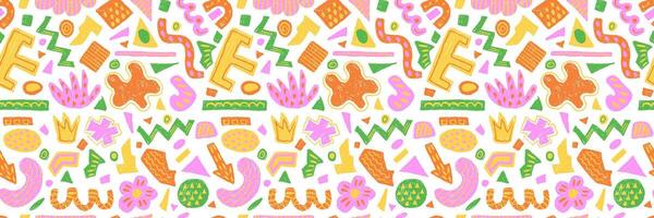 Hand drawn seamless pattern of colorful abstract geometric shapes and forms. collection of contemporary texture figure in doodle style. Design element perfect for banner, print, decor vector