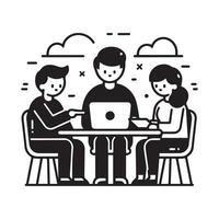 Three individuals seated across from each other at a table in what appears to be a professional vector