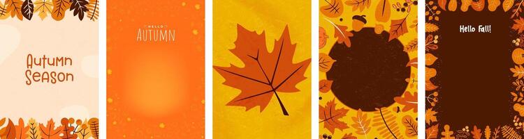 Set of Autumn Season Poster Cards with orange and red frames of illustrated leaves, and fall element decoration backgrounds. Autumnal design templates with copy space. Fall Advertising layout. vector
