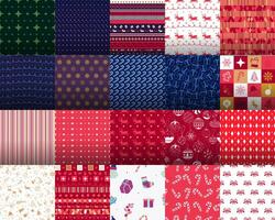Collection of 20 Seamless Christmas Patterns. Colorful background patterns with xmas decorations, geometric shapes, stripes, snowflakes, ornaments, festive patterns. Red, green, blue, white. vector