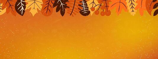 Autumn-themed Banner template with copy space. Rows of illustrated leaves on top with an orange and red abstract backdrop and sketched fall element patterns. Illustration. vector