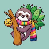 Cartoon Sticker of a Joyous Sloth Diligently Knitting a Colorful Creation vector