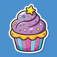 Cartoon Sticker of a Cupcake with Rainbow Frosting and Sprinkles vector
