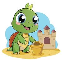 Friendly Turtle Constructing a Sandcastle with a Cartoonish Smile vector