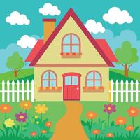 A yellow house with a red roof and a fence with a blue sky and trees in the background vector