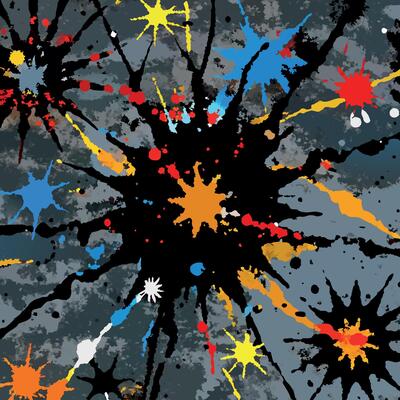 A colorful paint splatter pattern on a gray background
