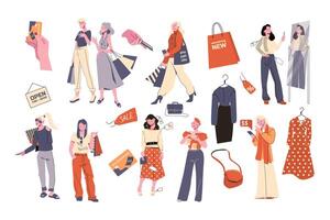 Collection of shopping elements and characters vector