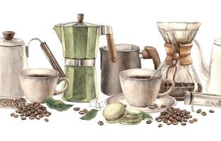 Cup of coffee with pistachio cookies macaroons and teapots watercolor isolated seamless border. Geyser coffee maker, milk jug, filter and beans horizontal banner template for shops and cafes. vector