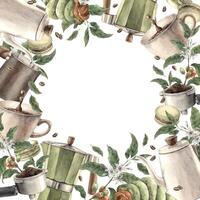 Cup of coffee with pistachio macaroons and croissant, branches with berries and grains. Watercolor frame with geyser coffee maker, milk jug and portafilter, square template for shops and cafes, banner vector