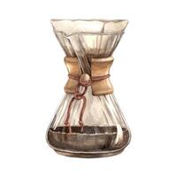 Coffee maker for brewing filtered coffee from a glass flask in the shape of an hourglass with a paper filter and black coffee. Watercolor illustration for the design of shops, cafes, banners, postcard vector