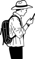 A man with a backpack and hat is using his phone vector