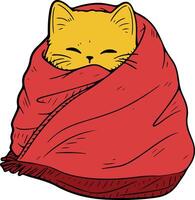 A cartoon cat wrapped in a red blanket vector