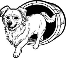 A dog is standing in a barrel with a black and white outline vector
