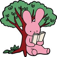 A pink bunny is reading a book under a tree vector