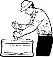 A man in a hat is using a hammer to make a cake vector