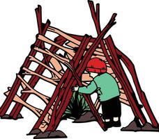 A boy is building a shelter with sticks vector