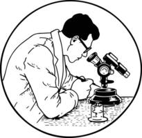 A man in a lab coat looking through a microscope vector