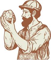 A man with a beard holding a stone vector