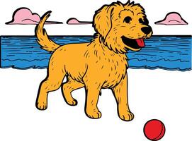 A dog playing fetch on the beach vector