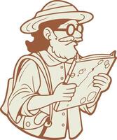 A man with a hat and glasses reading a map vector