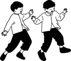 Two boys are jumping in the air in black and white vector