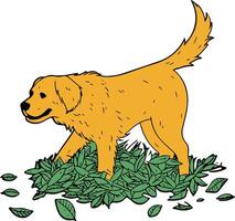 A cartoon dog is standing in a pile of leaves vector