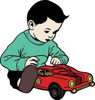 A boy playing with a toy car vector