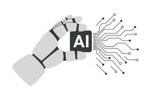 Artificial intelligence chip processor. Robots hand holding chip processor isolated on white. AI concept. vector
