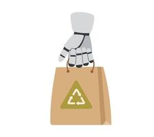 Technology concept. Robots hand holding a recycled reusable paper shopping bag. Environment and ecology concept. vector