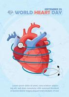 mage of human heart with stethoscope around and wording of World Heart Day, example texts on light blue paper pattern background. vector