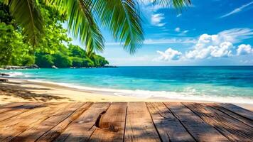 A wooden table with a view of the ocean and palm trees video