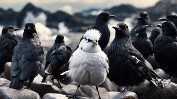 A group of birds sitting on top of a rock next to the ocean video