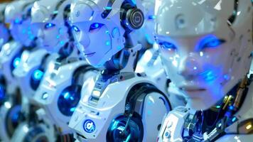 A group of robots with blue eyes standing in a row video
