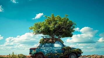 A car with a tree on top of it sitting on the beach video