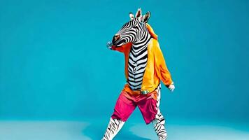 ein Zebra im ein bunt Outfit ist Tanzen auf ein Blau Hintergrund video