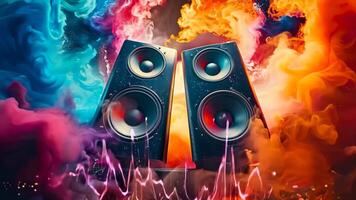 A pair of speakers sitting on top of a table in front of a colorful background video