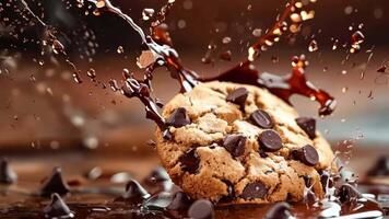 A chocolate chip cookie with chocolate splashing out of it video