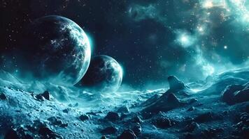 A view of a space scene with planets and stars in the sky video