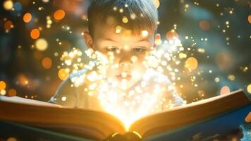 A young boy is reading a book with sparkles coming out of it video
