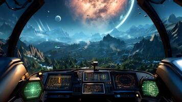 A view from the cockpit of a spaceship in a space station video