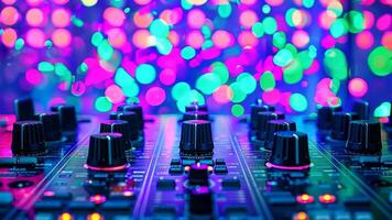 A close up of a mixing board with colorful lights in the background video